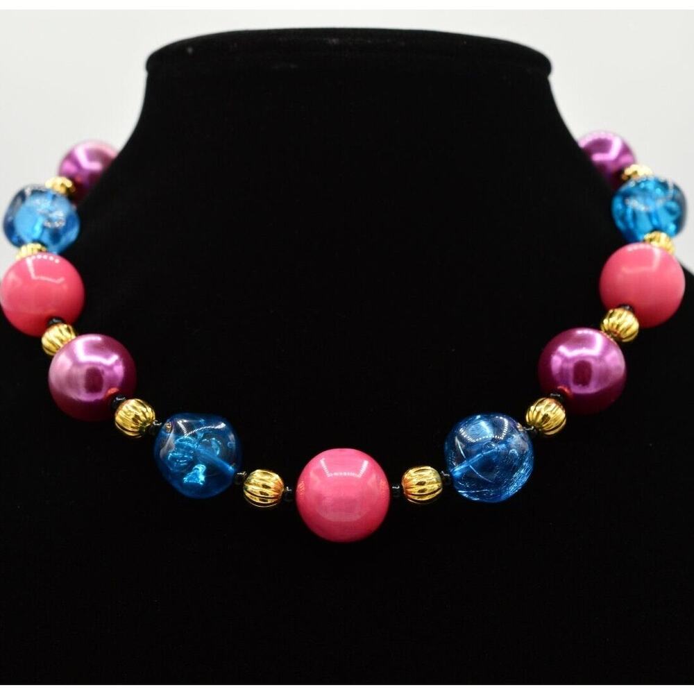 Vintage Beaded Statement Collar Necklace Large Rose Pink Blue Gold Chunky BinM
